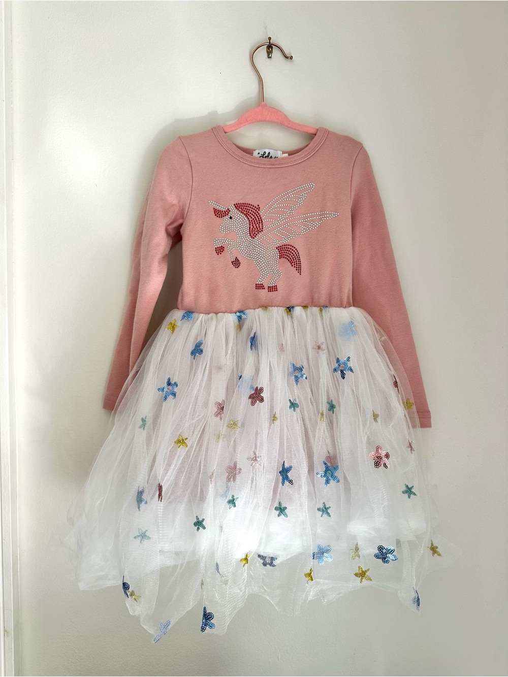 Lola + The Boys Pink Unicorn Tulle Dress with Multicolor Star Appliqués